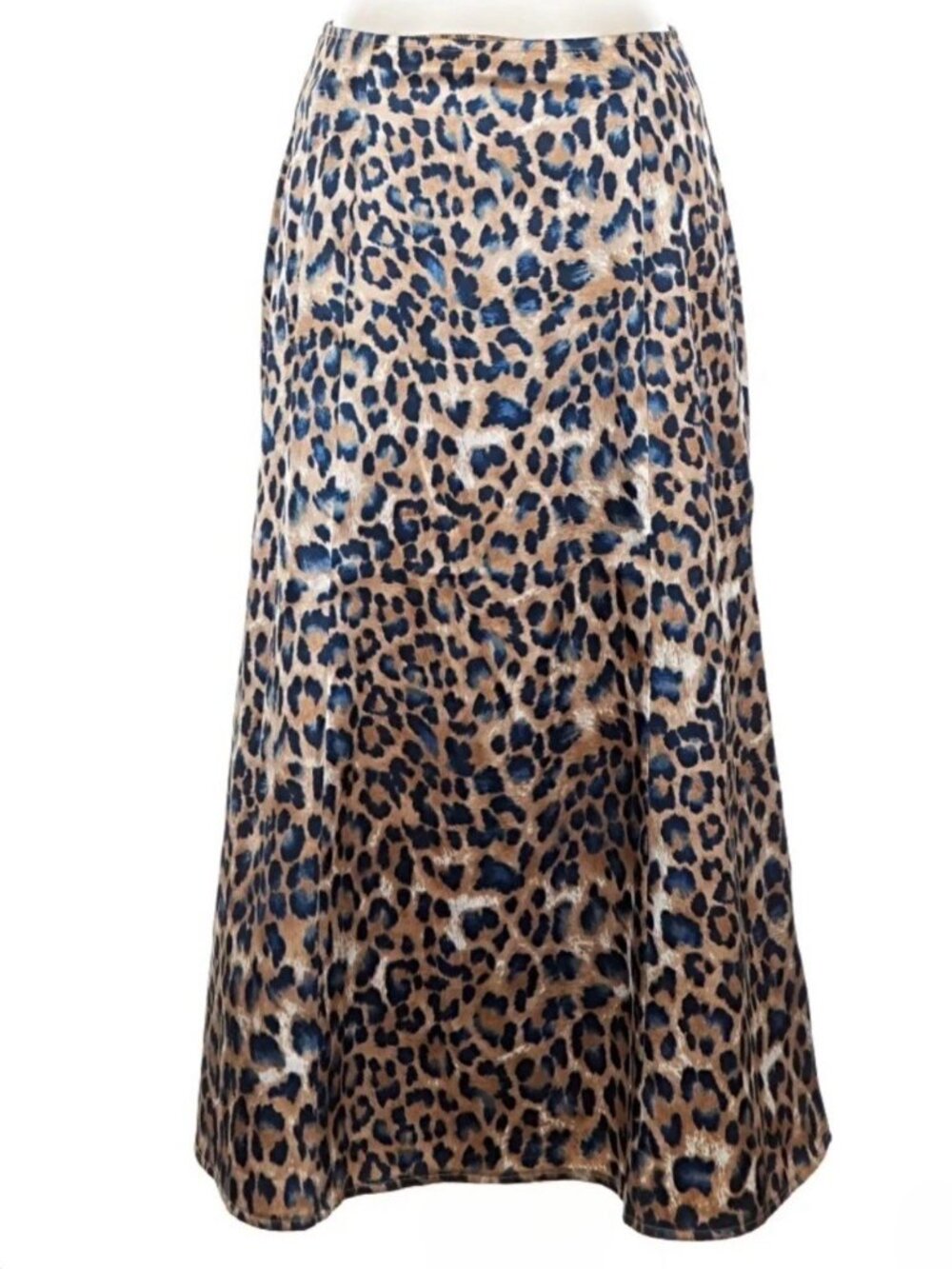 Lulus Blue Tan Gray Leopard Print Satin Midi Skirt Size Small Animal Pattern - Picture 5 of 7